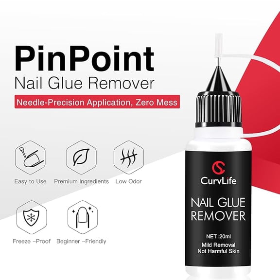 Curvlife 20ml Pinpoint Nail Glue Remover Non-Acetone, Gentle Formula for Press On & Gel Nail Tips, Works on Glue Gel