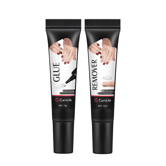 Curvlife Nail Glue & Liquid Remover Set, Quick-Dry 10g Semi-Solid Glue + 10ml Non-Acetone Remover (Dropper), No UV Needed, Long-Lasting Hold