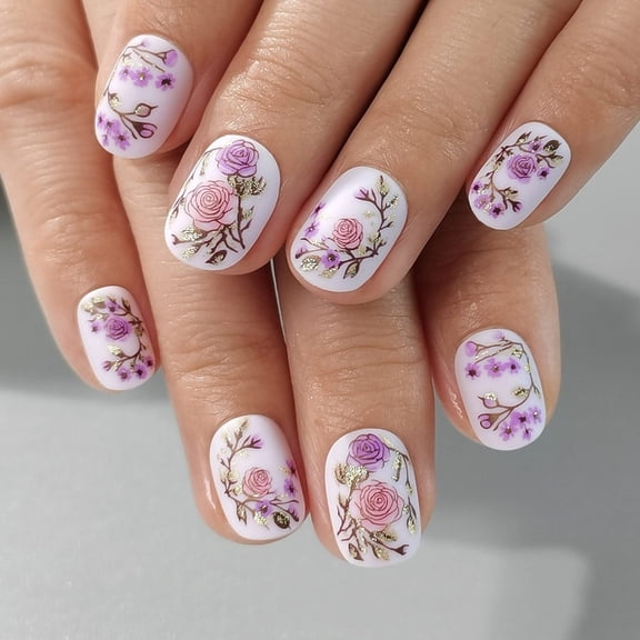 Curvlife extra short oval floral False Nails patterns prints pink matte for spring Easy Apply Nail Art