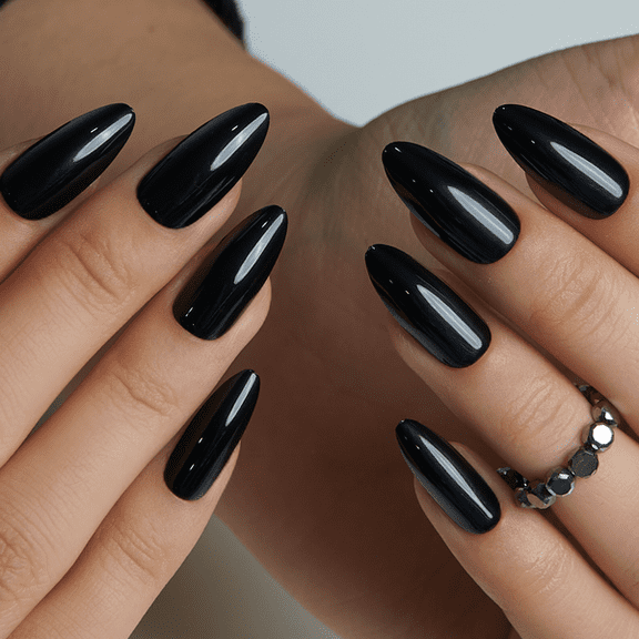 Curvlife long stiletto gel press on nails black glossy-shiny solid with designs last 2 weeks