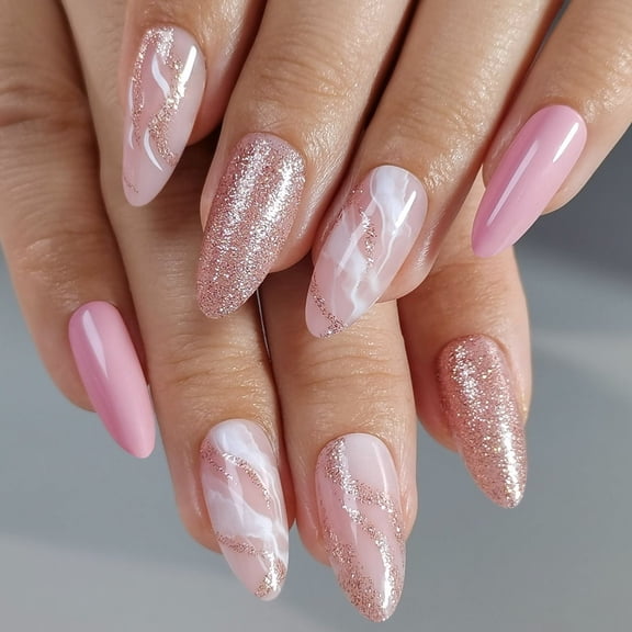 Curvlife long stiletto striped Nail Art Press On Nails glitter nude glossy shiny 2 Week Wear