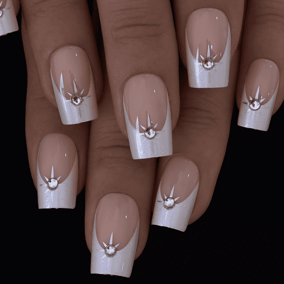 Curvlife medium square french Press On Nails nude glossy shiny pearl Easy Apply Nail Art