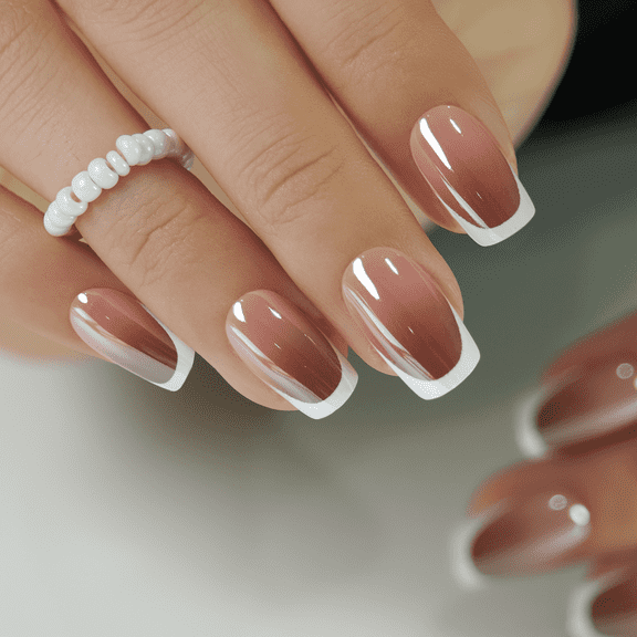 Curvlife medium squoval french Fake Nails french brown chrome metallic for fall 2 Week Wear Damage Free