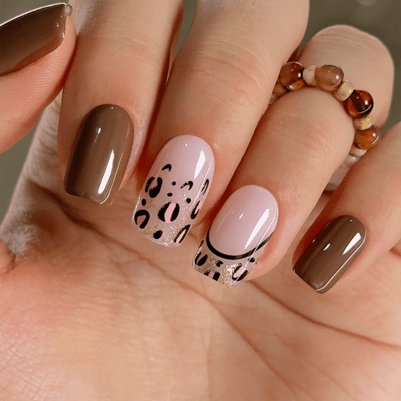 Curvlife medium squoval leopard Fake Nails french pink glossy shiny for fall 2 Week Wear Damage Free