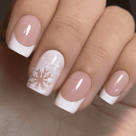 Curvlife medium squoval ombre Gel Press On Nails snowflake nude glossy shiny for christmas winter Nail Art 2 Week Wear