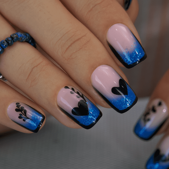 Curvlife medium squoval patterns prints Gel Press On Nails heart blue glossy shiny for valentines day summer Nail Art 2 Week Wear
