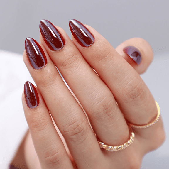 Curvlife short almond Fake Nails solid red chrome metallic for winter; fall 2 Week Wear Damage Free
