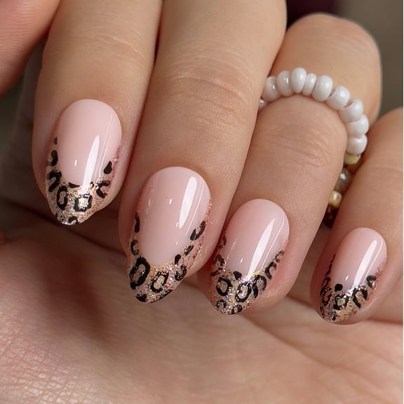Curvlife short almond french Gel Press On Nails leopard nude glossy shiny Nail Art 2 Week Wear