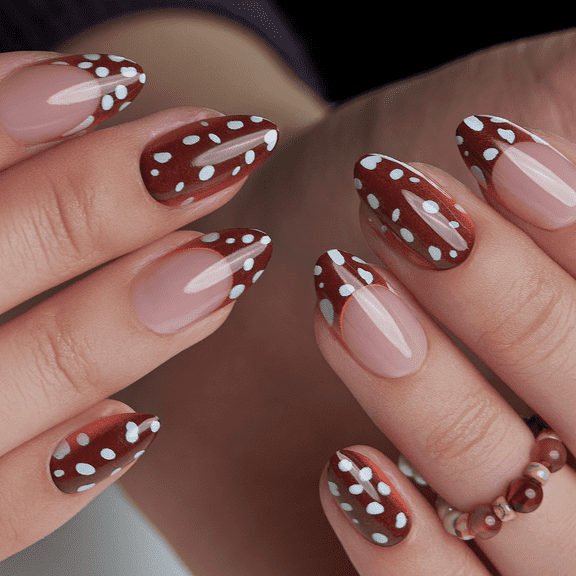 Curvlife short almond french Press On Nails nude glossy shiny french for fall Easy Apply Nail Art