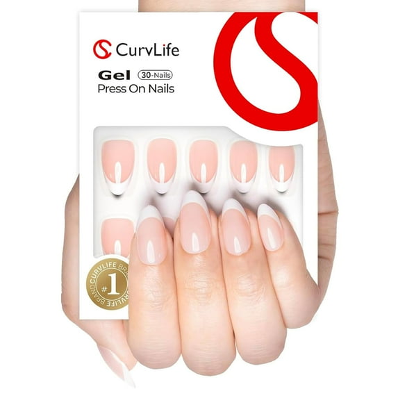 Curvlife short almond french Press On Nails white glossy shiny french Easy Apply Nail Art