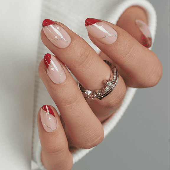 Curvlife short almond striped Fake Nails french nude matte for winter 2 Week Wear Damage Free