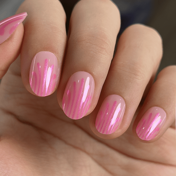 Curvlife short oval striped False Nails pearl nude glossy shiny Easy Apply Nail Art