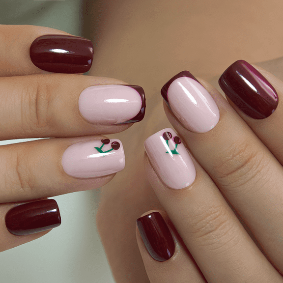 Curvlife short squoval cherry False Nails french pink glossy shiny for winter Easy Apply Nail Art