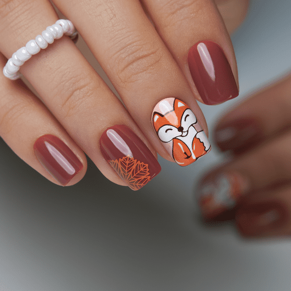 Curvlife short squoval fall leaf Press On Nails brown glossy shiny patterns prints for fall Easy Apply Nail Art