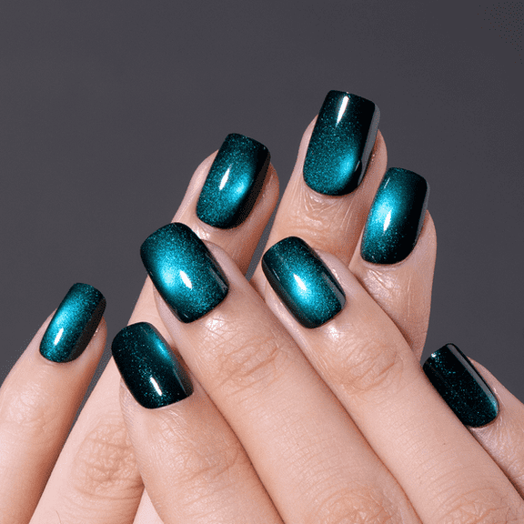 Curvlife short squoval geometric Fake Nails cat eye blue glossy shiny 2 Week Wear Damage Free
