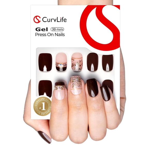 Curvlife short squoval geometric Fake Nails diamond nude glossy shiny for fall 2 Week Wear Damage Free