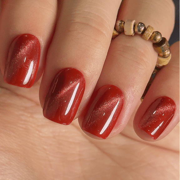 Curvlife short squoval striped False Nails cat eye red glossy shiny for winter Easy Apply Nail Art