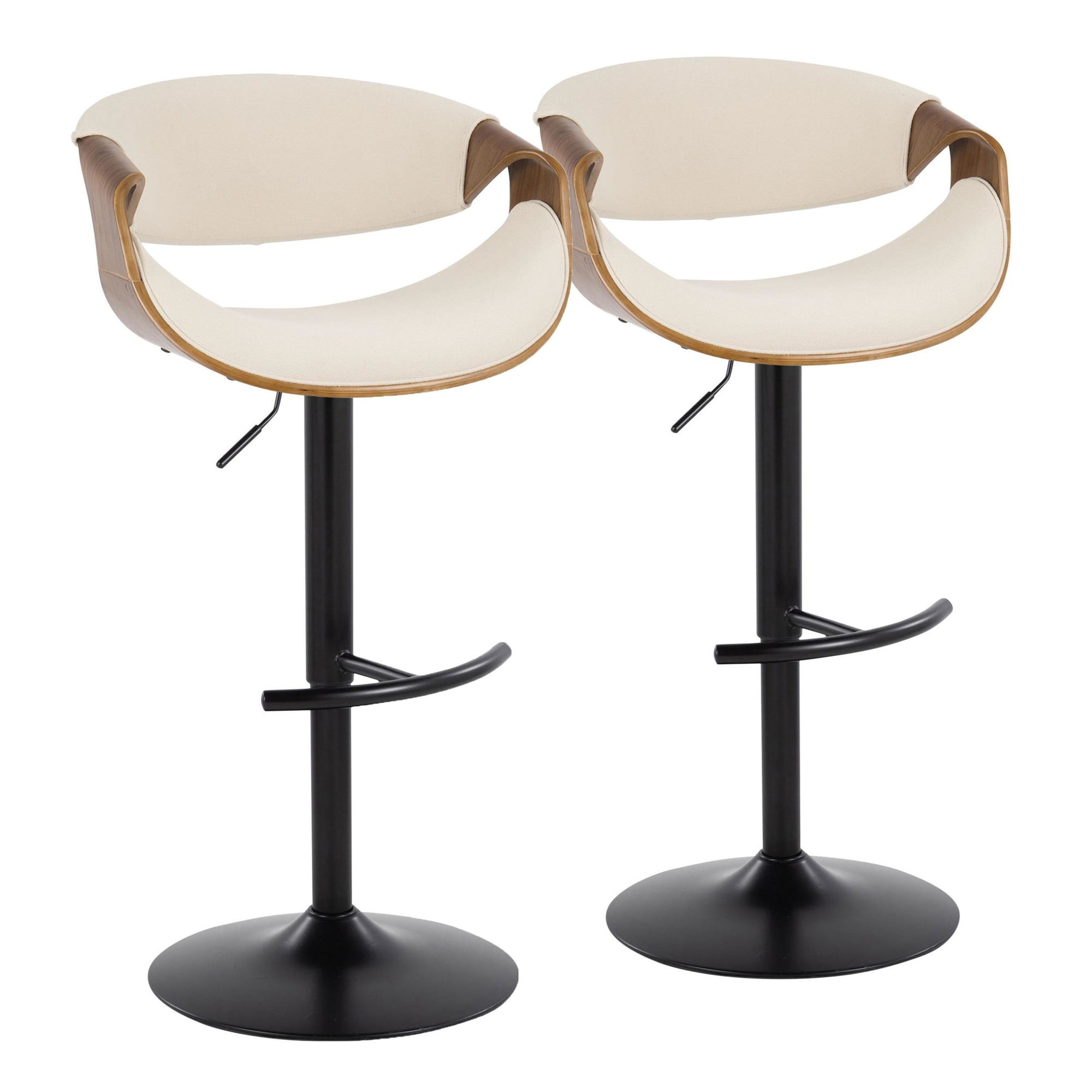 Cream and Black Adjustable Swivel Bar Stools with Wood Accents