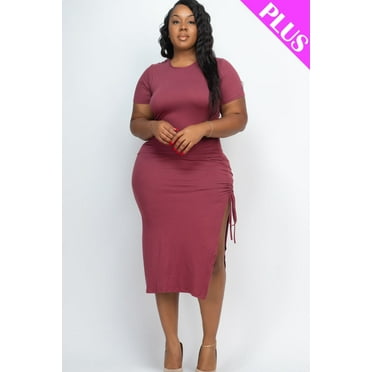 Curvy Drawstring Ruched Side Split Midi Dress