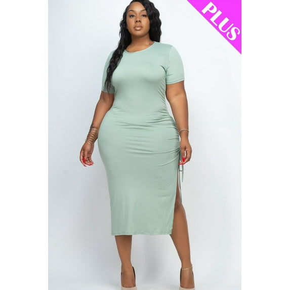 Curvy Drawstring Ruched Side Split Midi Dress