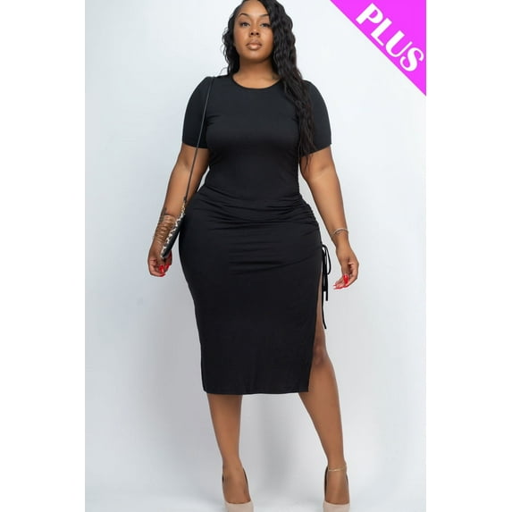 Curvy Drawstring Ruched Side Split Midi Dress