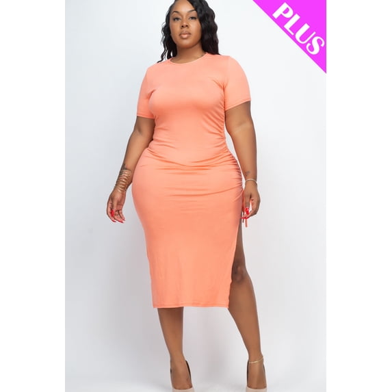 Curvy Drawstring Ruched Side Split Midi Dress