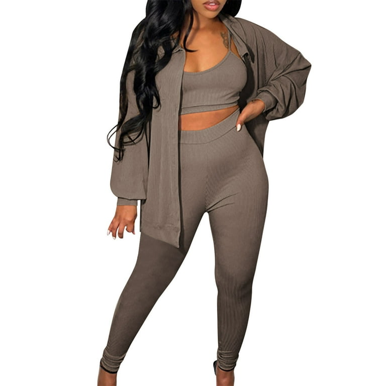 Curvy Fit Fall Winter Women Stretchy Wear Solid Color Single Coat 3 Piece  Pants Set Ladies Ribbed Casual Three Pcs Outfits 