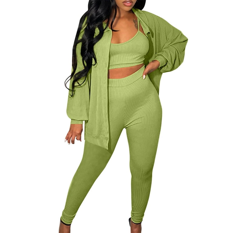 Curvy Fit Fall Winter Women Stretchy Wear Solid Color Single Coat 3 Piece  Pants Set Ladies Ribbed Casual Three Pcs Outfits 