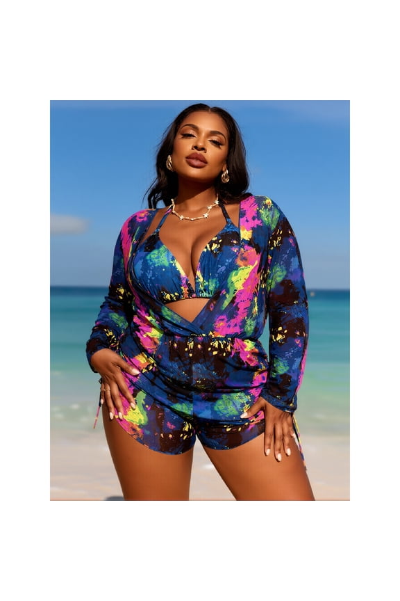 Curvy Friendly Plus Size Tummy Control Swimsuit Set 2026 Neon Splash Tie Dye 3 Piece Bikini with Long Sleeve Romper Cover Up Adjustable Side Drawstrings Beach Pool Vacation Wear