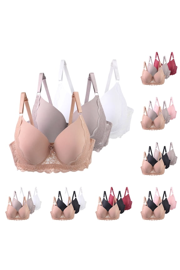 Curvy Women C Cup Daily Jacquard Bra Multipack 3PCS, Thin Breathable Cushion, Underwire Support Anti-Droop Centered Gathering Casual | TruHer,Beige 100C
