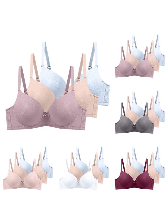 Curvy Women D Cup Daily Jacquard Bra Multipack 3 Pack, Thin Breathable Cushion, Underwire Support Anti Droop Centered Gathering Casual | TruHer,Beige 100