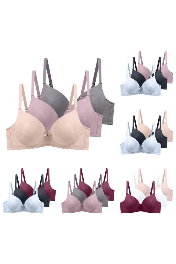 Curvy Womens Daily Essential Jacquard Underwire Bra Multipack 3PCS, Thin Light Comfort Padding, Stable Lift & Gather Anti-Sagging Design for D | TruHer,Beige 100
