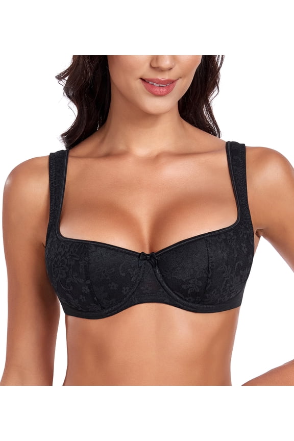 Women's Lightly Padded Floral Lace Demi Wide Straps Underwire Balconette Bra,32C