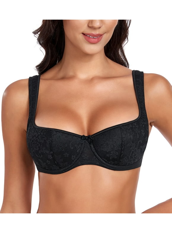 Women's Lightly Padded Floral Lace Demi Wide Straps Underwire Balconette Bra,36B