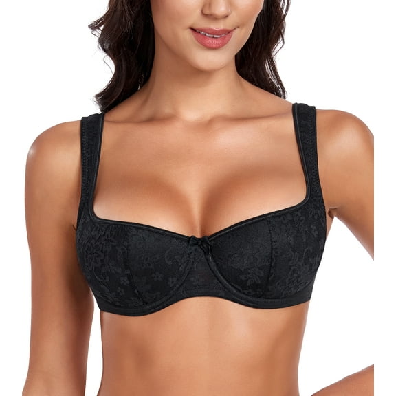 Curyon Women's Lightly Padded Floral Lace Demi Wide Straps Underwire Balconette Bra,40D