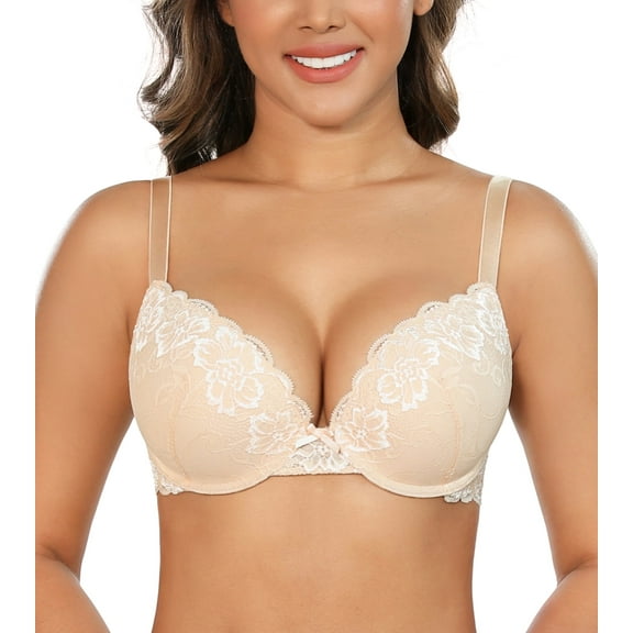 Curyon Women's Push Up Bra Underwire Plunge Padding Add Cups Support Lace Bras,32C