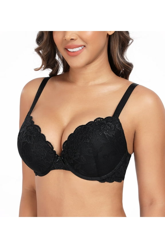 Women's Push Up Bra Underwire Plunge Padding Add Cups Support Lace Bras,32D