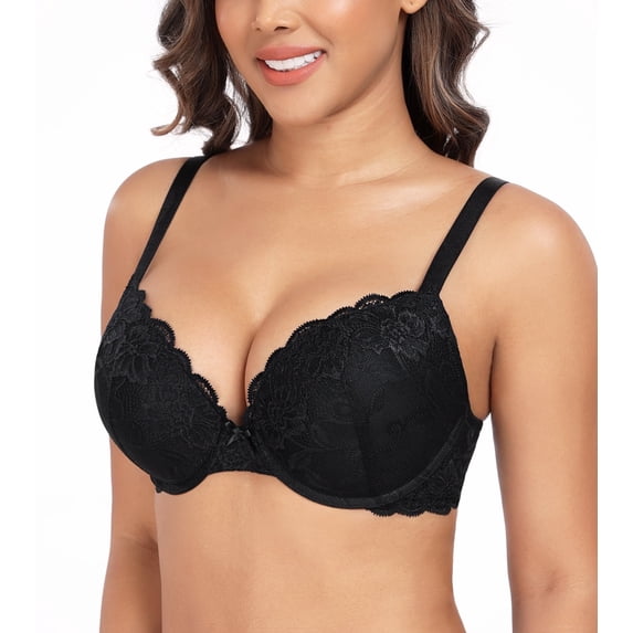 Curyon Women's Push Up Bra Underwire Plunge Padding Add Cups Support Lace Bras,34B