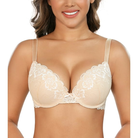 Curyon Women's Push Up Bra Underwire Plunge Padding Add Cups Support Lace Bras,38B