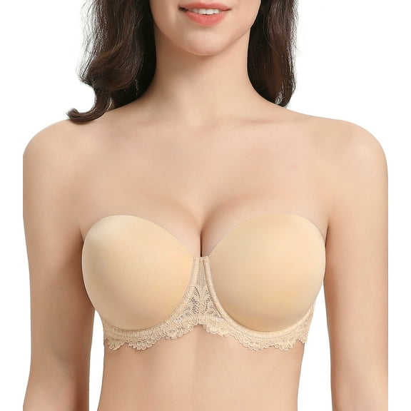 Curyon Women's Strapless Bra Underwire Lace Convertible Multiway Plus Size Bras,40C