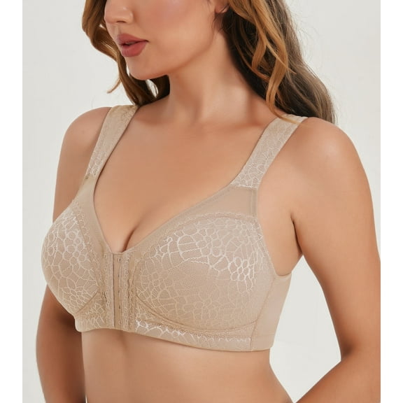 Curyon Womens Front Closure Wireless Unpadded Back Support Posture Plus Size Bra,42DD