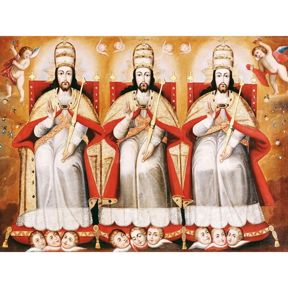 Cusco School Enthroned Trinity As Three Identical Figures Extra Large XL Wall Art Poster Print