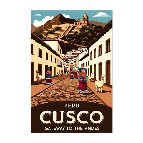 Cusco Vintage Poster – Gateway to the Andes Art Print - Cusco Peru Illustration Travel Poster Vintage Poster Llama Cityscape Architecture Mountain Scenic Unframed Wall Art Print 40 x 60 inches