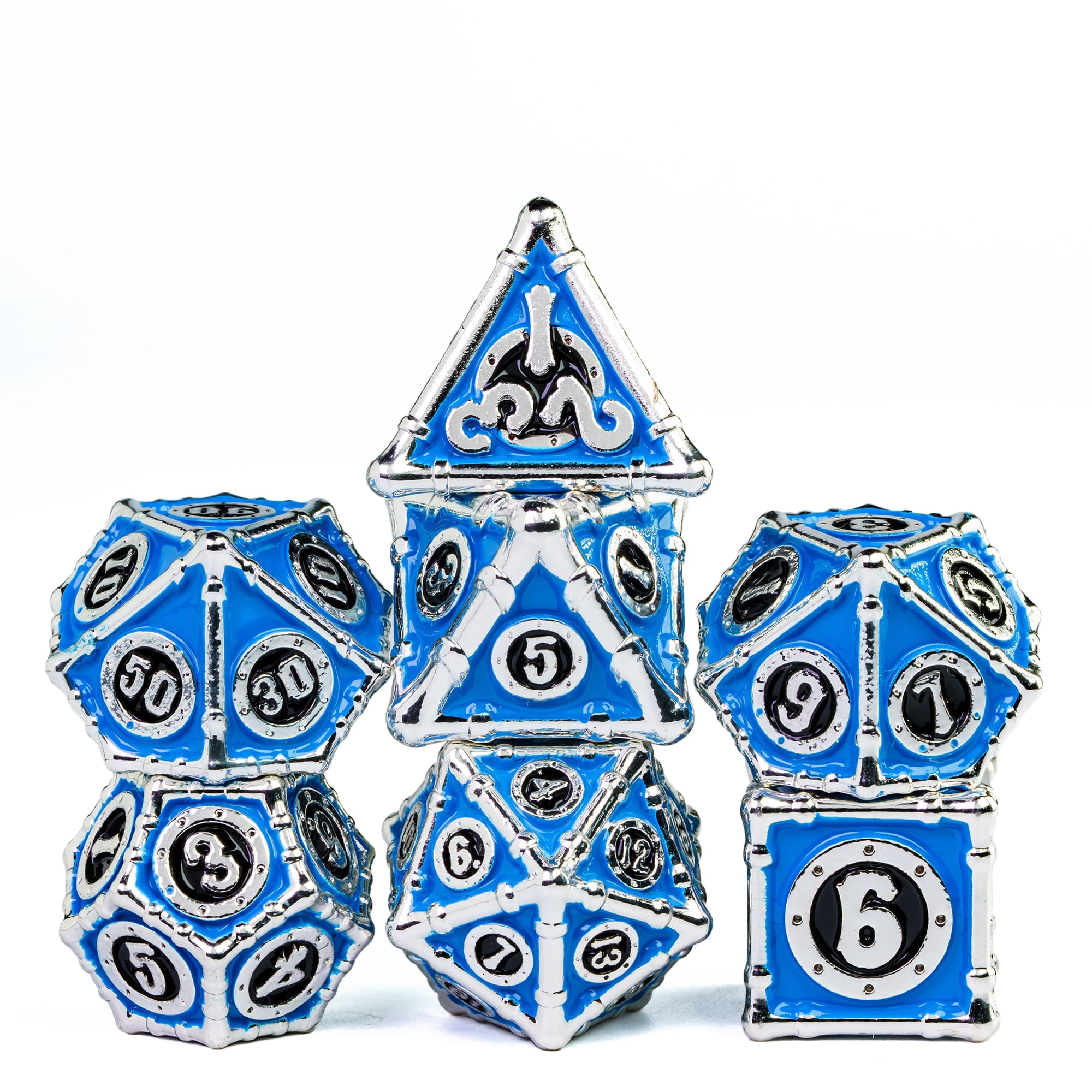 DND Lot de 7 dés polyédriques creux en métal pour Donjons et Dragons, RPG, MTG, jeux de table D&D, Pathfinder, Shadowrun et l'enseignement des mathématiques (noir/doré