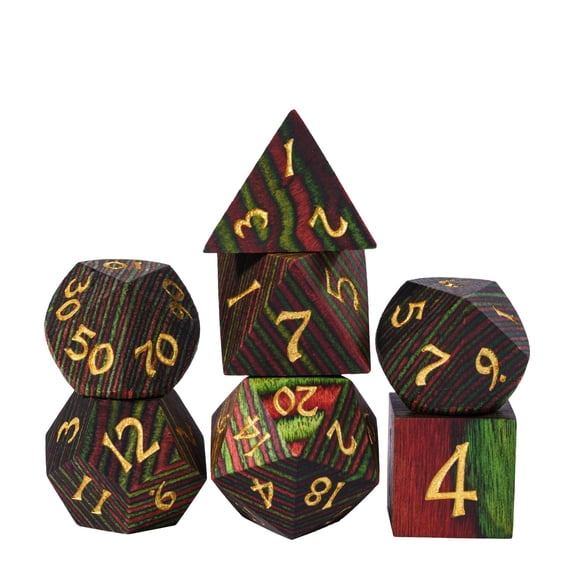 Cusdie 7Pcs/set Wooden DND Dice D&D Wood Dice D4 D6 D8 D10 D% D12 D20 Polyhedral Games Dice Set for Table Games MTG RPG