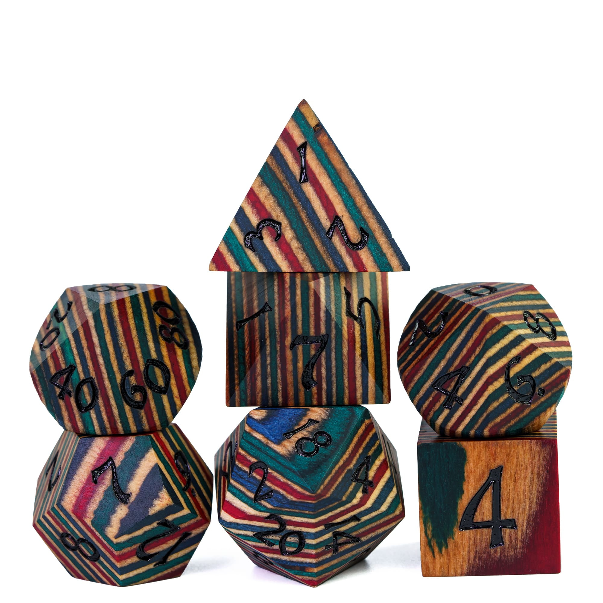 Cusdie 7Pcs/set Wooden DND Dice D&D Wood Dice D4 D6 D8 D10 D% D12 D20 Polyhedral Games Dice Set for Table Games MTG RPG