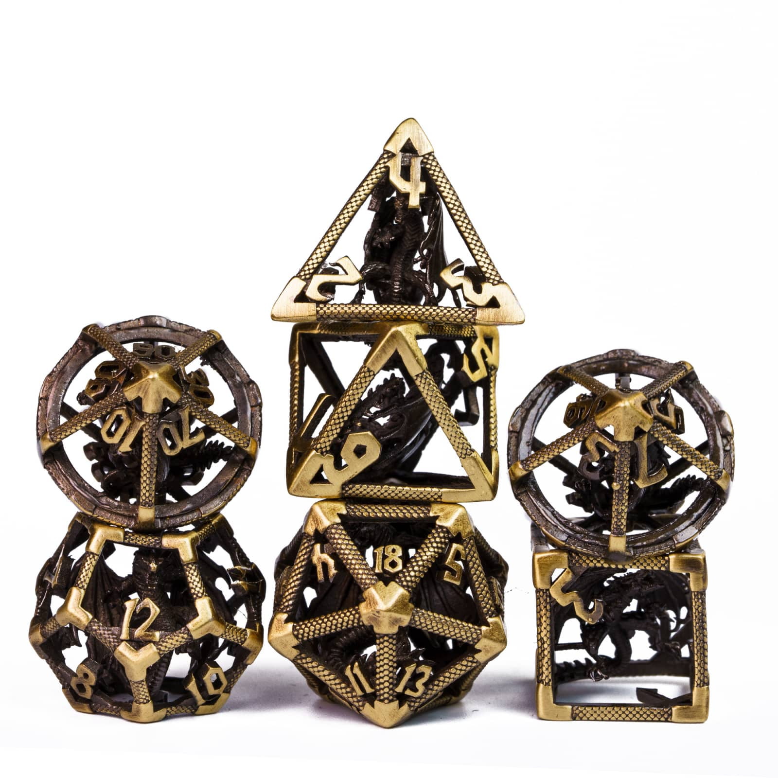 Cusdie Hollow Metal Dice, D&D Dice with Dragon Inside, 7 Pcs DND Dice Set, Polyhedral Dice Set, for Role Playing Game MTG Pathfinder