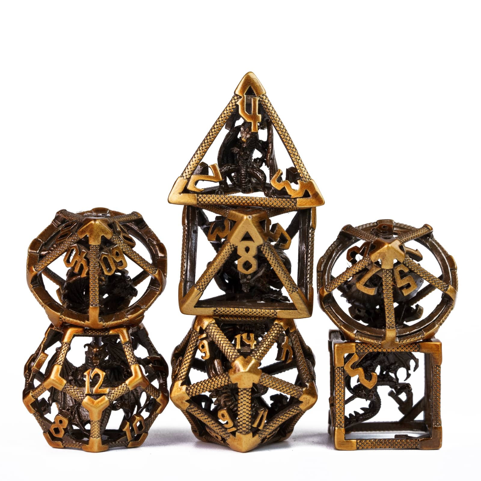 Cusdie Hollow Metal Dice, D&D Dice with Dragon Inside, 7 Pcs DND Dice Set, Polyhedral Dice Set, for Role Playing Game MTG Pathfinder