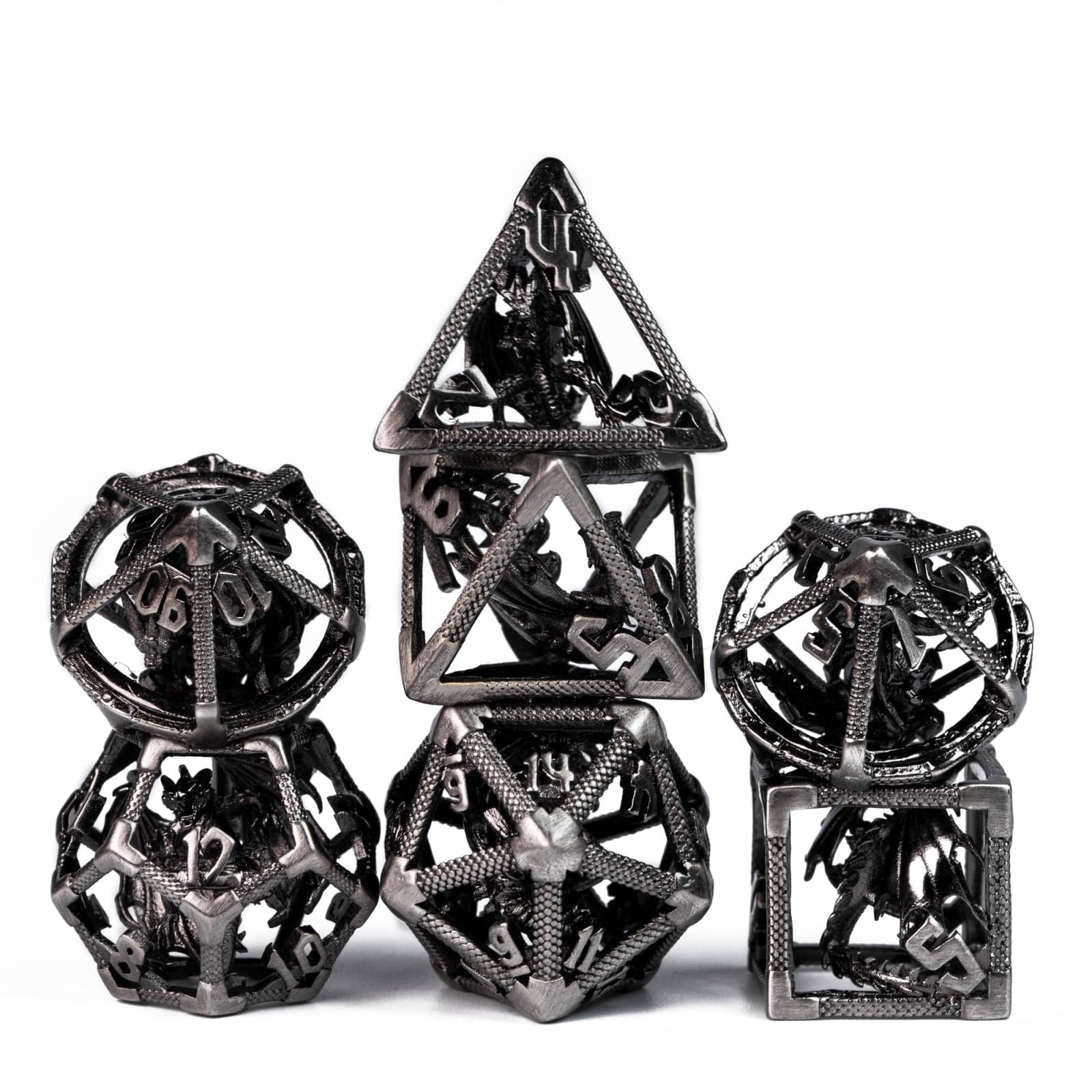 Cusdie Hollow Metal Dice, D&D Dice with Dragon Inside, 7 Pcs DND Dice Set, Polyhedral Dice Set, for Role Playing Game MTG Pathfinder