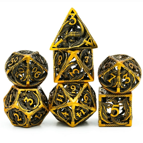 Cusdie Hollow Metal Dice, Flying Dragon D&D Dice, 7 Pcs DND Dice Set, Polyhedral Dice Set, for Role Playing Game MTG Pathfinder